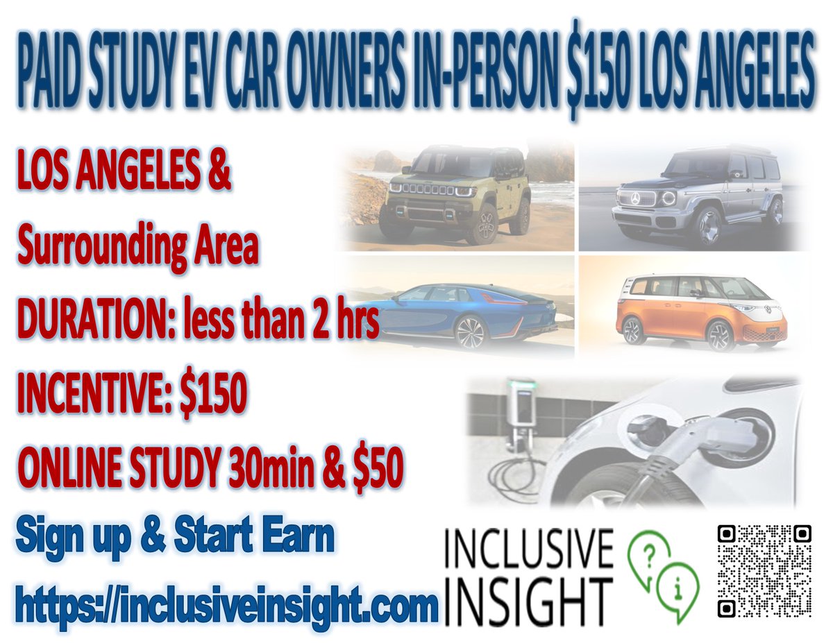 PAID STUDY EV CAR OWNERS IN-PERSON $150 LOS ANGELES losangeles.craigslist.org/lac/etc/d/los-… #ElectricVehicle #LosAngelesCL #California #study #research #paidfun #quickcash
#quick #earn #Opinion #learning #inperson #Ownership #
