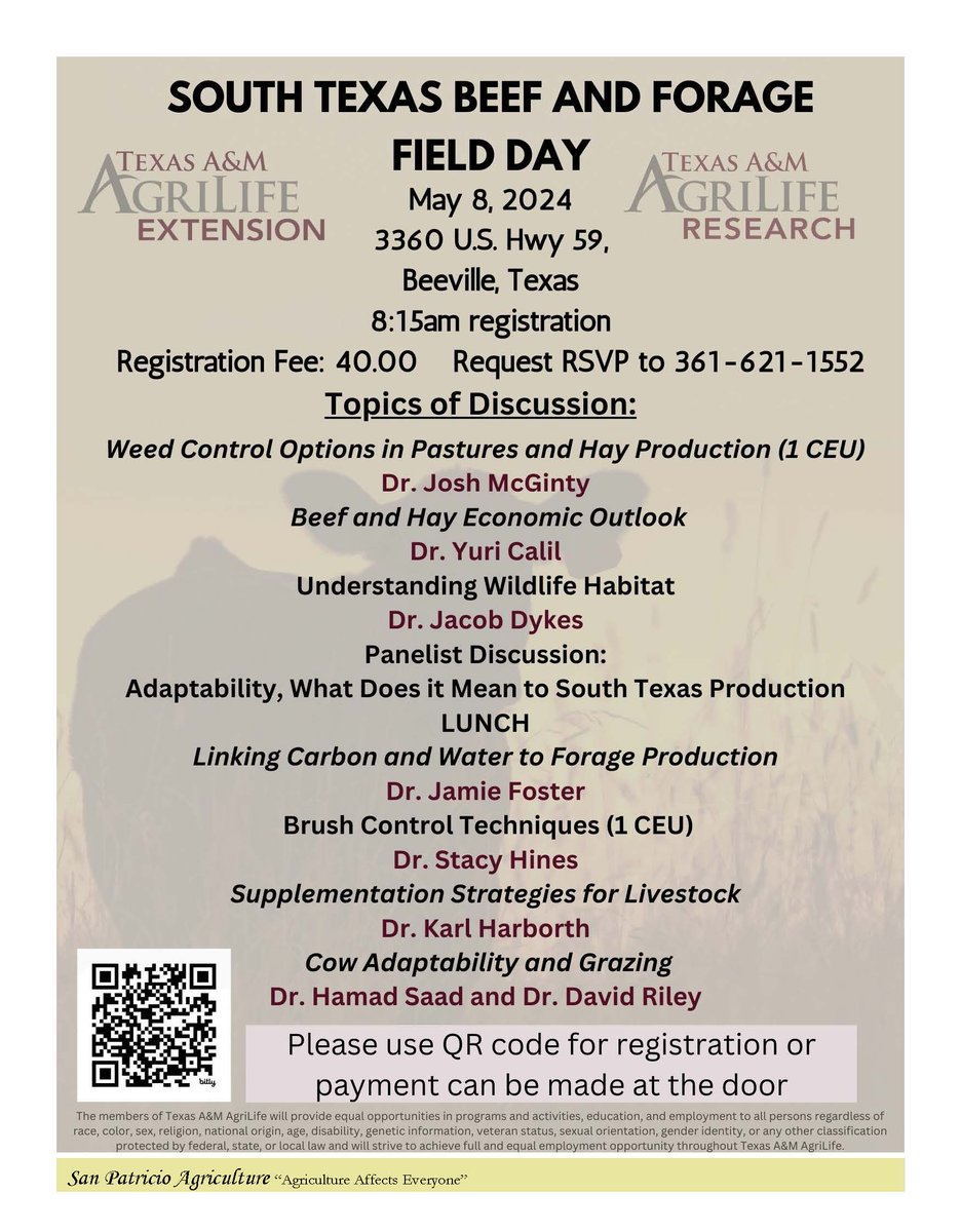 South Texas Beef and Forage Field Day May 8th in Beeville, we would love to have you join us.
tx.ag/SouthTXBeefFor…