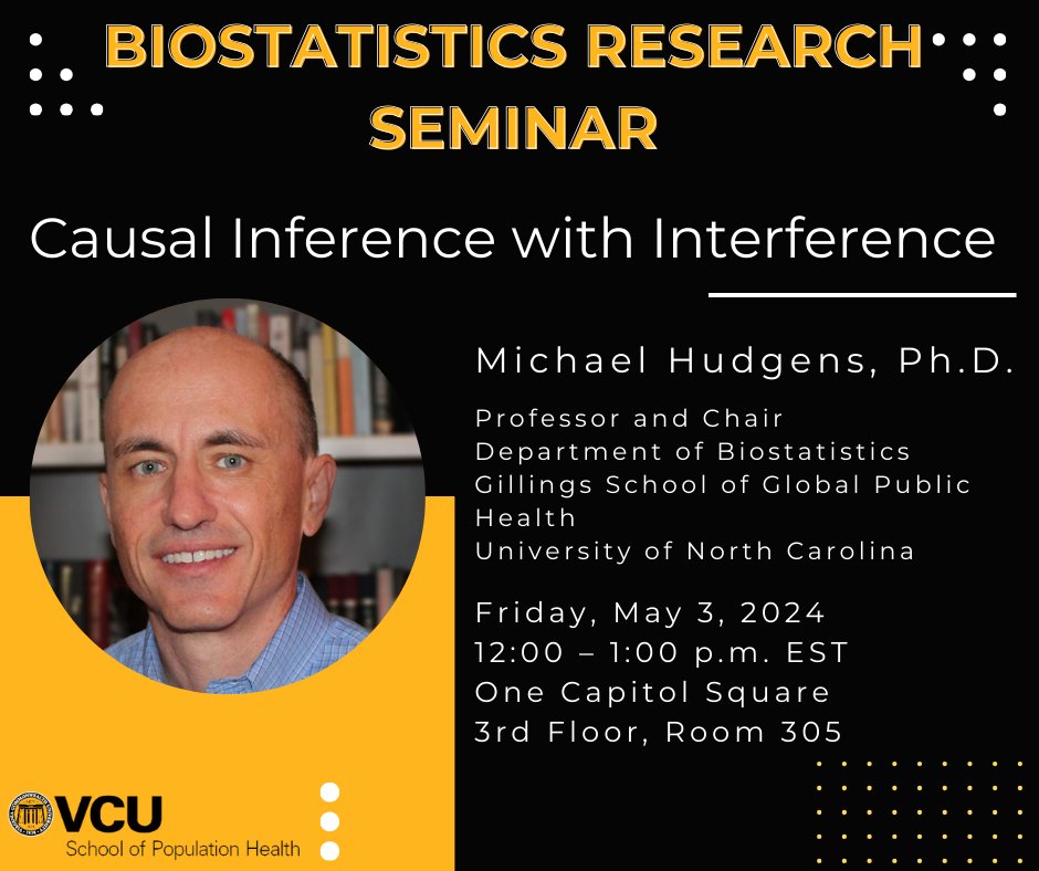 Our final seminar of the semester featuring the esteemed Dr. Michael Hudgens from the University of North Carolina, is scheduled for Friday, May 3rd at 12:00pm in One Cap Square. This seminar will be in person in OCS and also via Zoom. tinyurl.com/8c6t5x9n