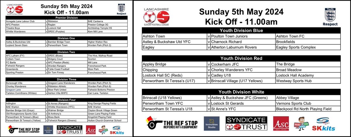 Here are the Open Age & Youth Section fixtures for Sunday 5th May 2024.