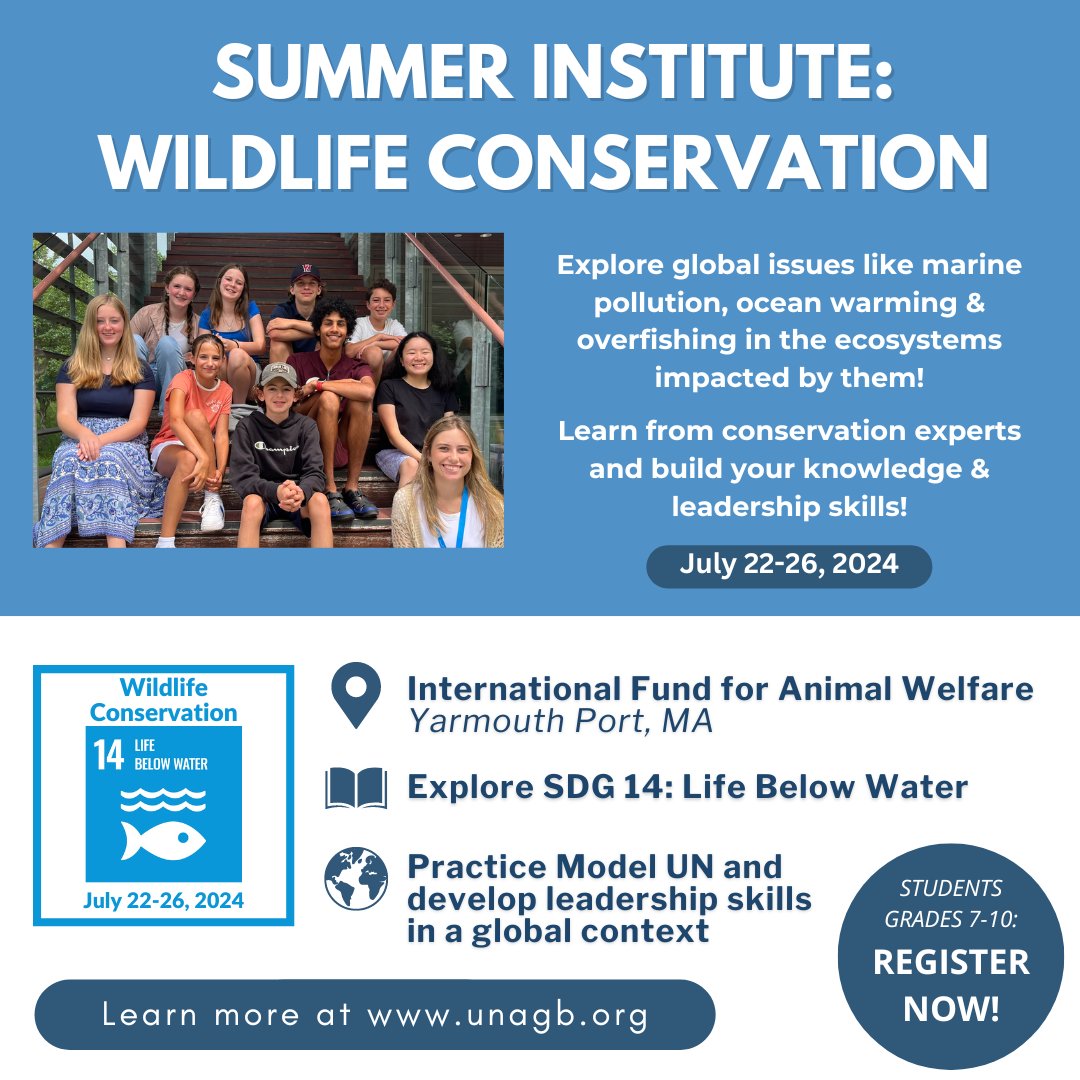 Dive into the world of wildlife conservation this summer!  Explore global issues, hone your leadership skills, and connect with like-minded peers. Don't miss out on this transformative opportunity! #WildlifeConservation #GlobalLeadership #UNAGB #CapeCod #modelun #mun