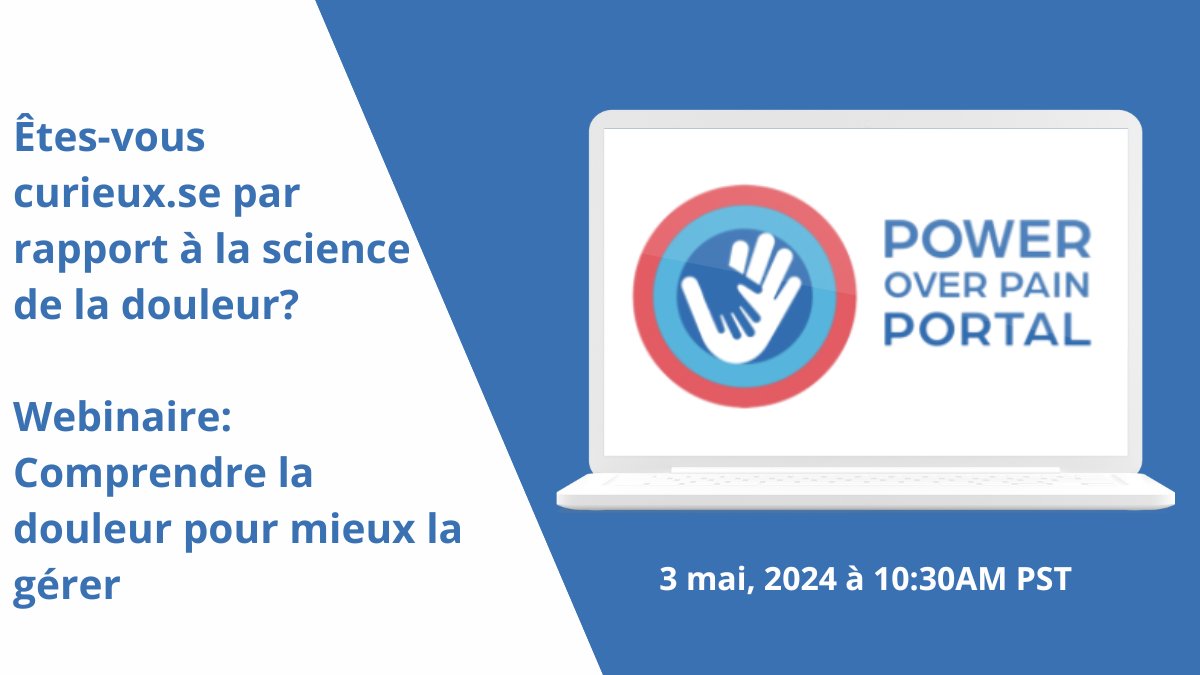 Ne manquez pas le webinaire de @PowerOverPain_ afin d'en apprendre d'avantage sur la science de la douleur pour mieux la gérer. ⏰Le 3 mai à 10:30AM PST ➡️Inscrivez-vous gratuitement au us06web.zoom.us/webinar/regist…