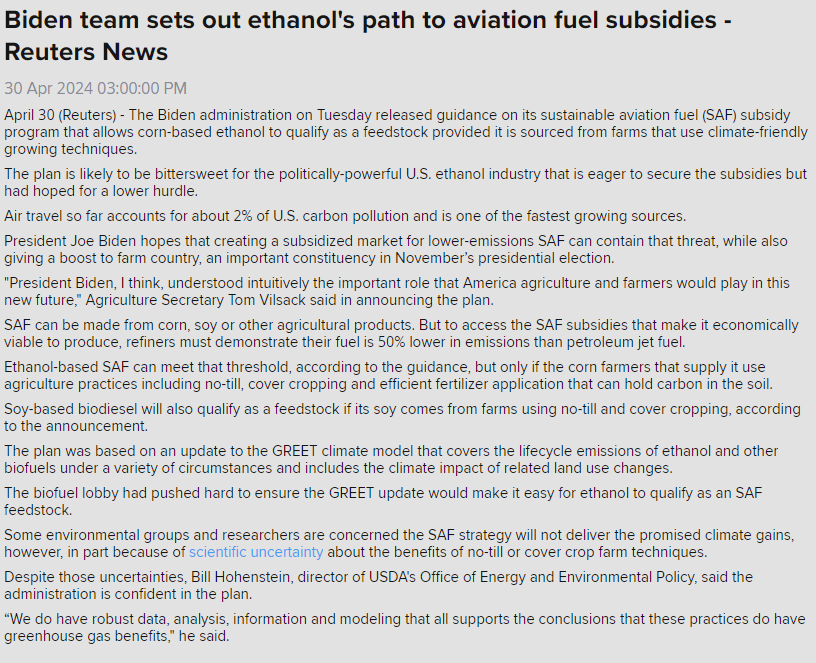 🇺🇸Biden team sets out ethanol's path to aviation fuel subsidies - Reuters News