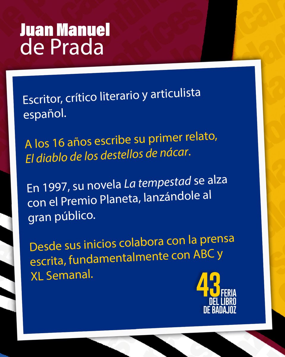 ⚡️ Conoce a… JM de Prada.

🖊️Escritor, crítico literario y articulista.

📖 A los 16 años escribe su primer relato, ‘El diablo de los destellos de nácar’.

🏆 En 1997,  ‘La tempestad’ se alza con el Premio Planeta.

📰 Desde sus inicios colabora con la prensa escrita.