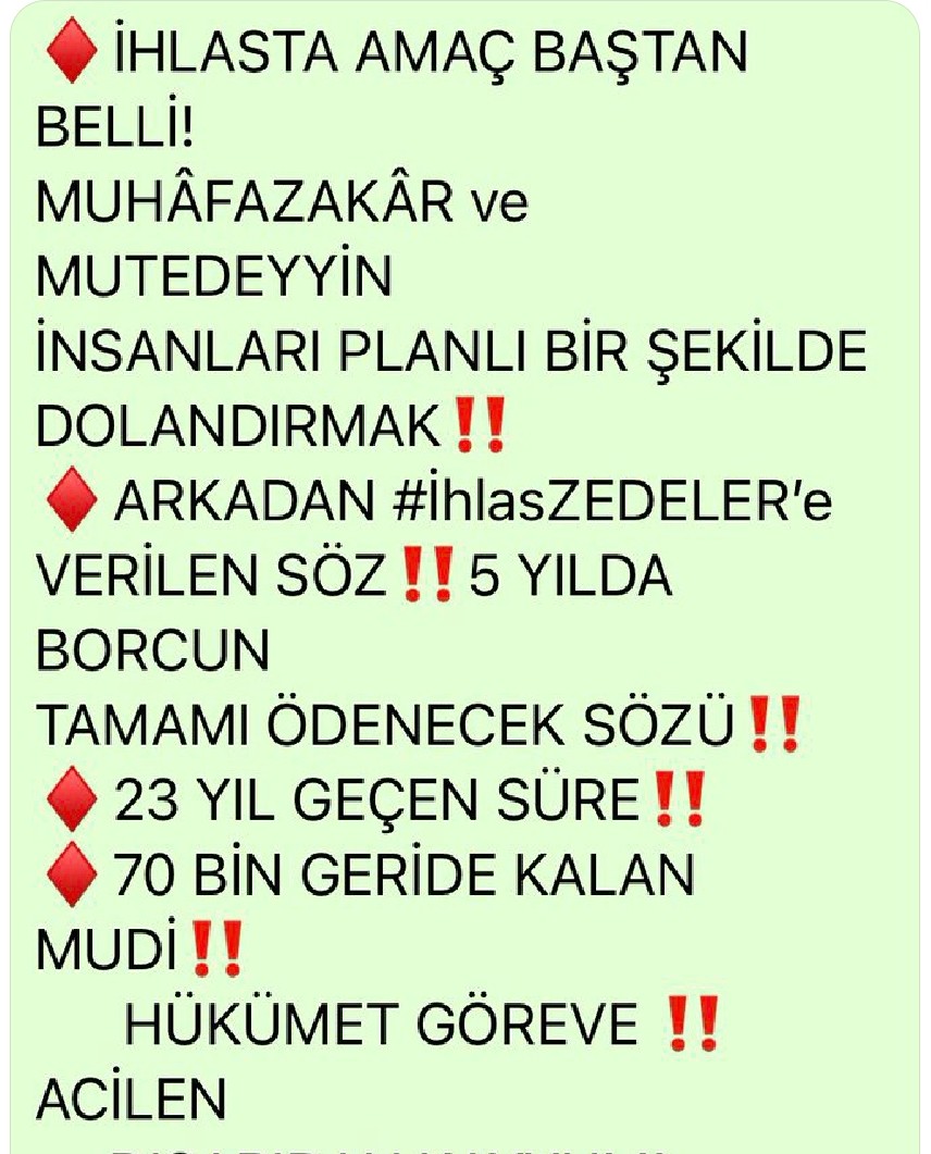 #CumhurbaşkanınınDikkatine 
#ihlaszedeler23YıldırMağdur
#AdaletinBuMuAKP
 70 bin mudi ,Cimerde,Twitter'da mağduriyetlerini haykırıyor.İktidardakiler niçin duymuyorsunuz? 5 yılda bitecek tasfiye için uzatma kararı aldınız,niye güçlüden yanasınız,Haklıyı kim savunacak?
@RTErdogan