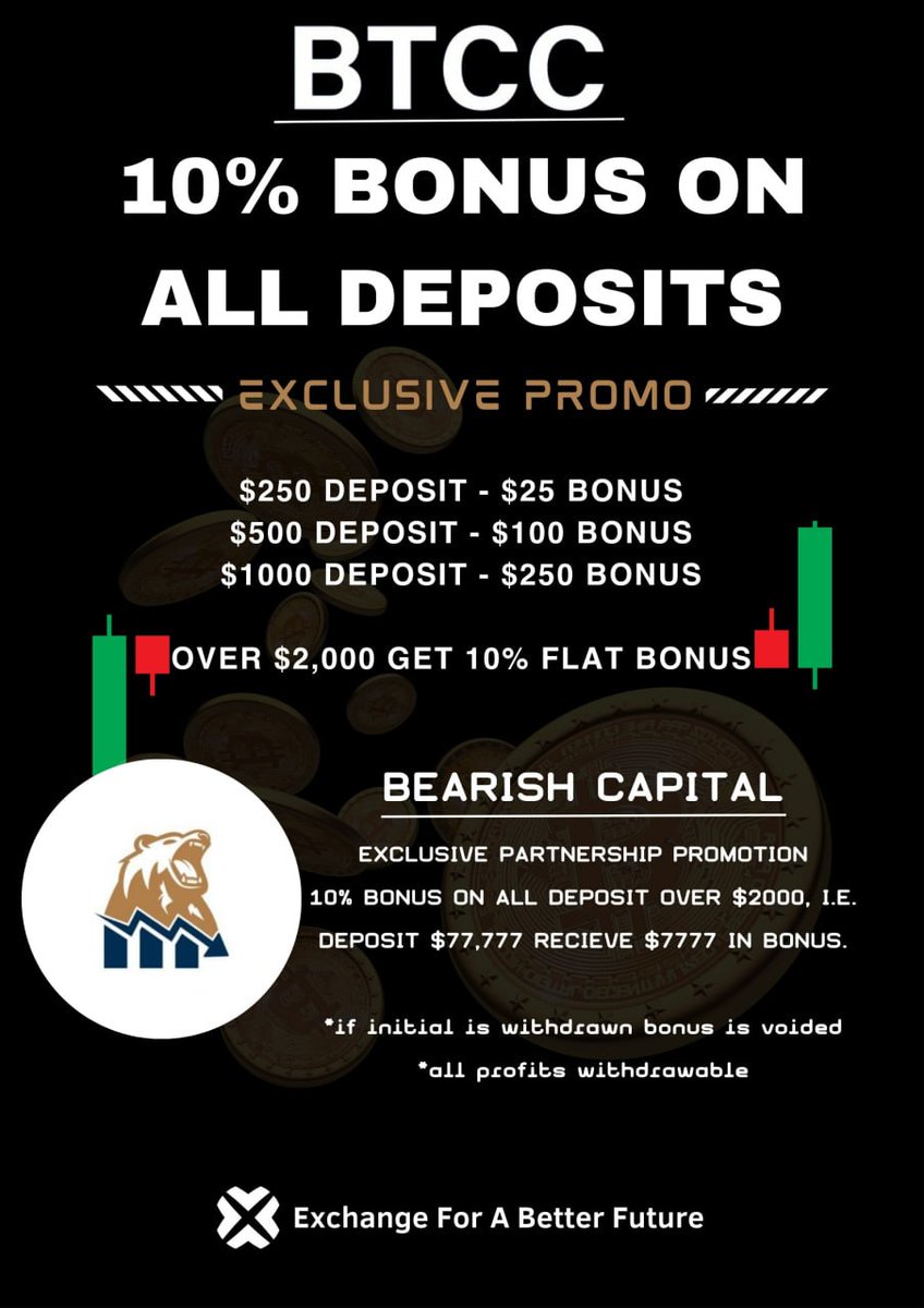 Thrilled to announce the partnership between @BTCCExchange and <a href="/Bearish_Capital/">Bearish Capital</a>

OG crypto exchange with banger features:
- Non-KYC exchange
- Low trading fees
- Trade tokenized stocks with up to 20x leverage
- Up to $10,000 bonus on first deposit
- 225x leverage

13-year stellar