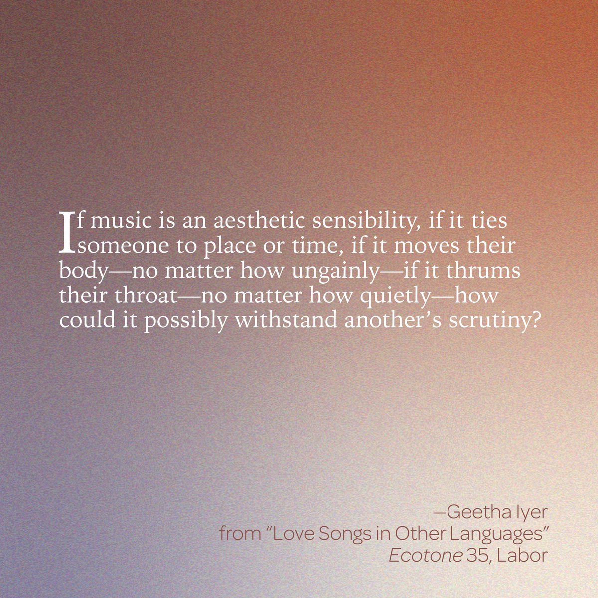 Check out Geetha Iyer’s new nonfiction piece in the Labor issue!

For the next two weeks “Love Songs in Other Languages” is free to read online!

ecotonemagazine.org/nonfiction/lov…