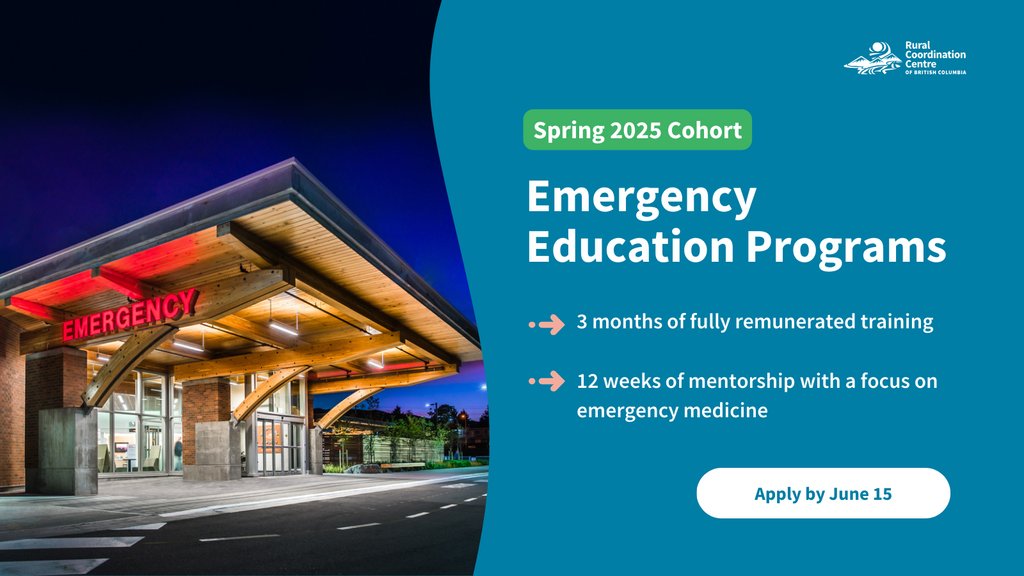 Applications are now open for the Emergency Education Programs Spring 2025 cohort. Family physicians practicing in smaller rural communities can apply for a three-month, full-time, remunerated fellowship in Emergency Medicine. Read more & apply by June 15: rccbc.ca/our-work/reap/…