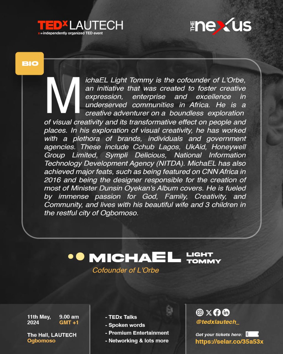 TEDxLAUTECH_'s tweet photo. Bringing our line up of speakers for TEDxLAUTECH; The Nexus to you.💃
Meet Michael Light Tommy, the co-founder of L'Orbe. Tickets are selling out, you don't want to miss it.
Get your tickets now:
https://t.co/767cmuLtqO
Early bird sales (ends 4th of May): 5k
Late registration:7k https://t.co/laZ1xJ5yJM