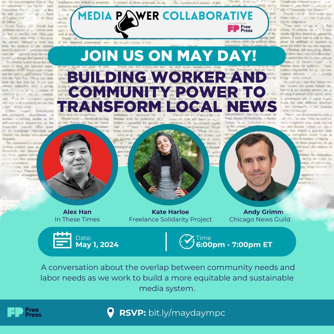 ✊Celebrate May Day by joining the Media Power Collaborate tomorrow at 6pmET to hear how we can build worker and community power to transform local news. Featuring @alex__han @keharloe @agrimm34 and @newsjawn. Make sure you RSVP here! bit.ly/maydaympc