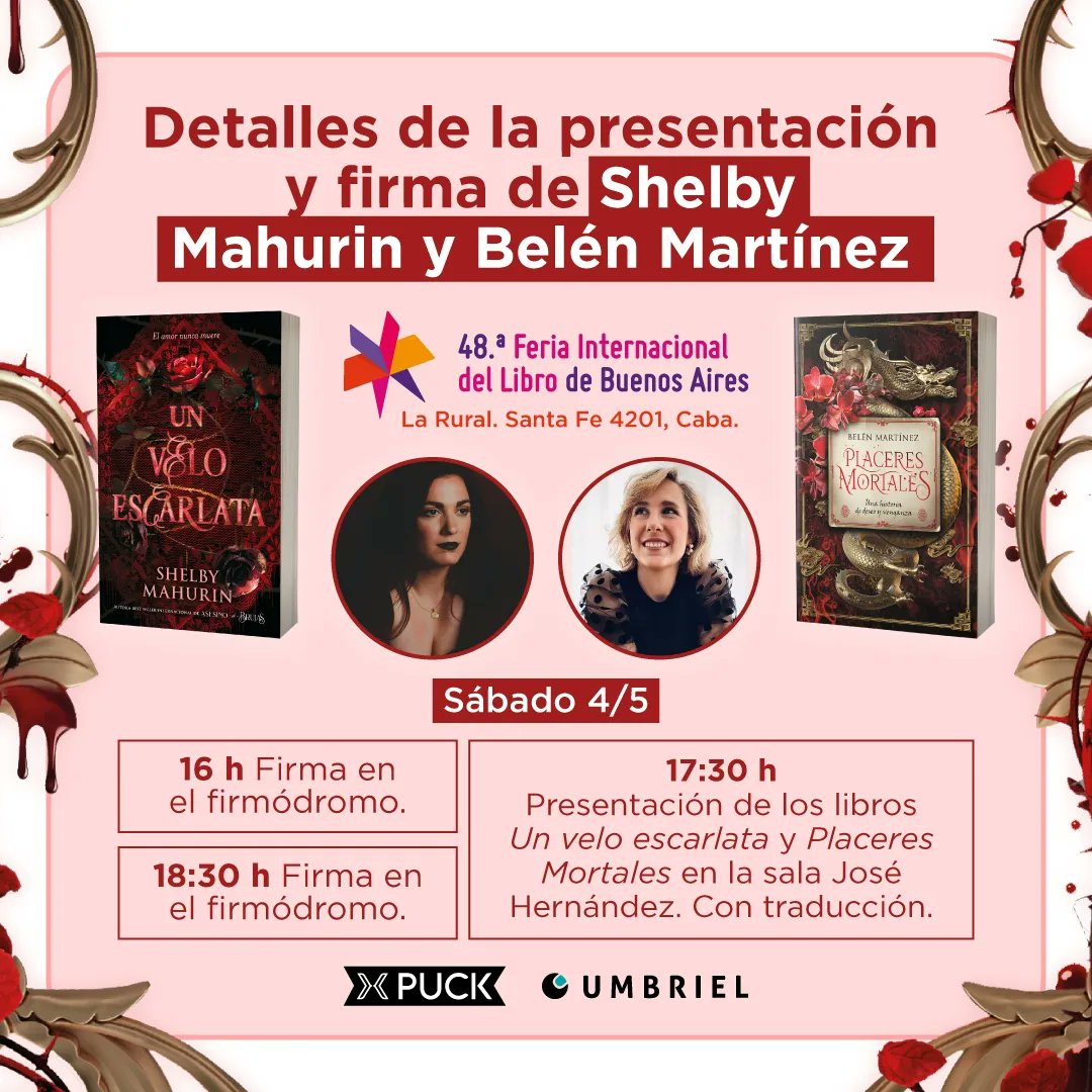UranoArgentina's tweet photo. Este sábado, en la Feria Internacional del libro de Buenos, van a tener la posibilidad de conocer a Shelby Mahurin, quien vendrá a presentar su último libro "Un velo escarlata", y a Belén Martínez, quien presentará su nuevo libro "Placeres Mortales", para un público adulto. https://t.co/CIyVntgep0