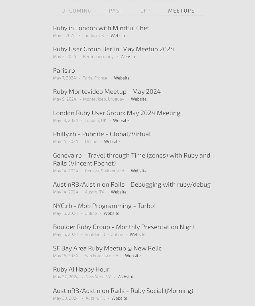 There's also a healthy amount of meetups happening in May all around the world! The Ruby conference website now also features a section for meetups! I'm sure we are even are missing some in this list!