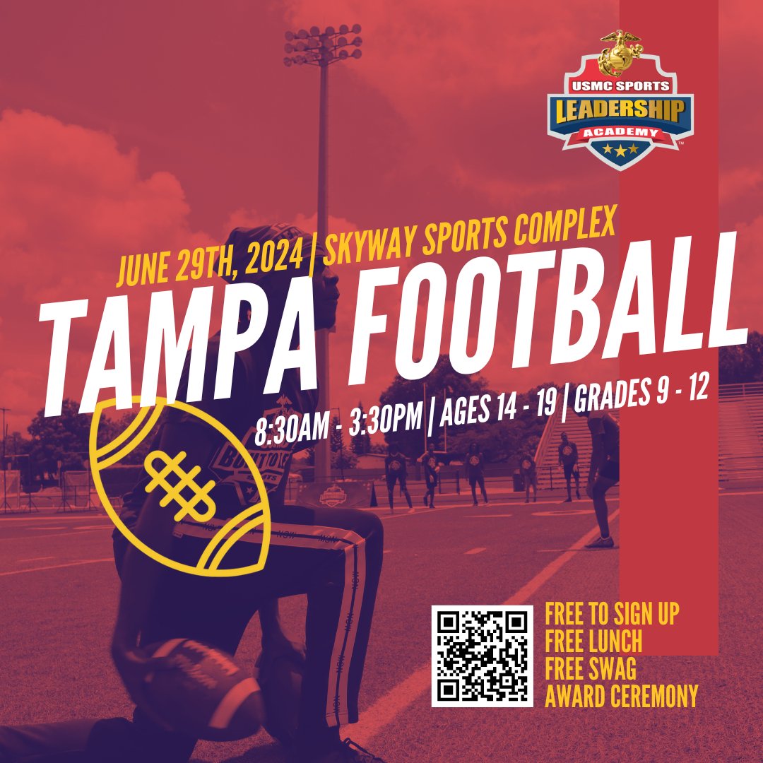 Save the date! 6/29🚨 Come out for a fun day of skills and drills at our 💸FREE Tampa Football camp on June 29th! 🏆Sign up today to reserve your spot! ⏰8:30a-3:30p 🏈grades 9-12 // ages 14-19 🔗bit.ly/43BSErS
