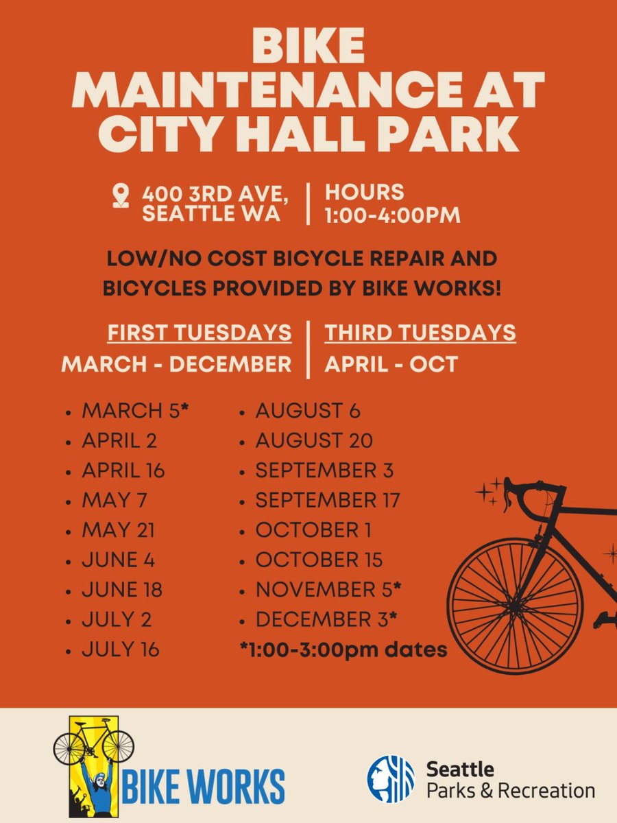 The Bike Mobile heads to City Hall Park at 450 3rd Ave to provide free and low-cost bikes & repairs! 2024: March 5*, April 2 & 16, May 7 & 21, June 4 & 18, July 2 & 16, August 6 & 20 Sept. 3 & 17, Oct. 1 & 15, Nov. 5* Dec. 3* 1-4 PM, or (*) 1-3 PM. bikeworks.org/bike-shop/bike…