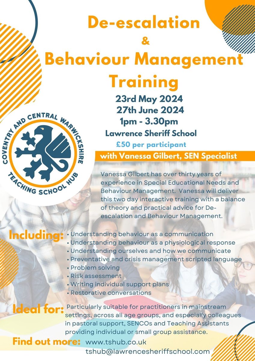 Places are limited, but there's still time to book - email tshub@lawrencesheriffschool.com! 

#ContinuingProfessionalDevelopment #CPD #ProfessionalDevelopmentForTeachers #CoventryTeachers #RugbyTeachers  #Schools #Education #Descalation #BehaviourManagement #ClassroomManagement
