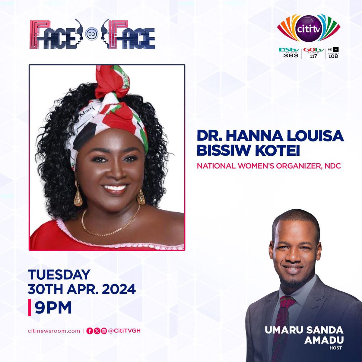 Tonight on #FacetoFace, @UmaruSanda speaks with his guest, Dr. Hanna Louisa Bissiw Kotei, the National Women’s Organizer for the National Democratic Congress. Tune in @9pm on Citi Tv