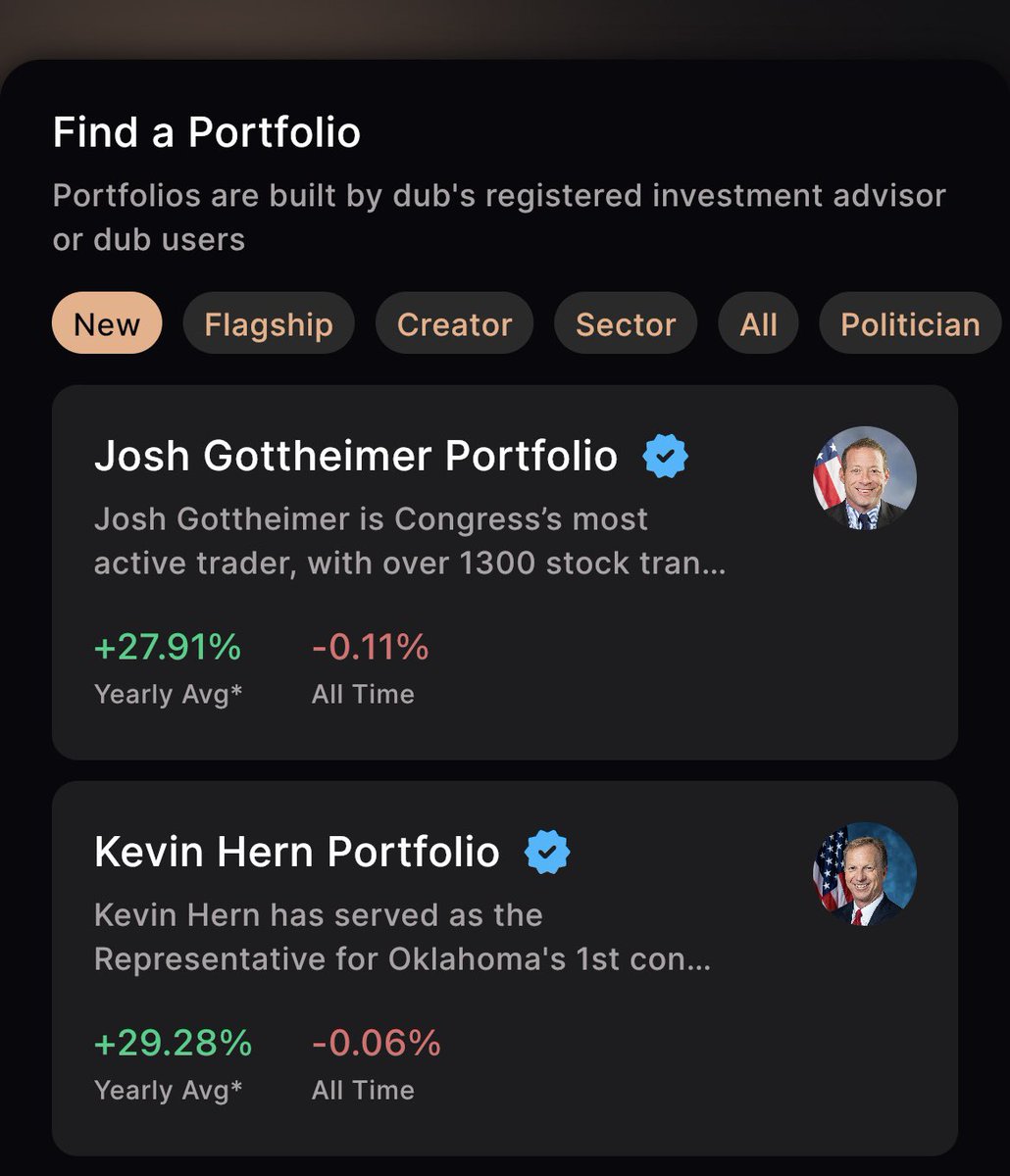 🚨There are two new MAJOR politicians on dub. Kevin Hern: Wealthiest congressman with $361M net worth. Josh Gottheimer: Most active trader in Congress with $100M+ trade volume and almost 500 trades this year alone. Copy their portfolios on dub TODAY.