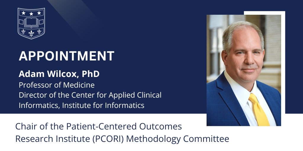 Adam Wilcox, PhD, @WUSTLmed @WashUi2db has been named chair of the Patient-Centered Outcomes Research Institute @PCORI Methodology Committee. PCORI is a leading funder of patient-centered comparative clinical effectiveness research in the U.S. Link > l8r.it/ar4p