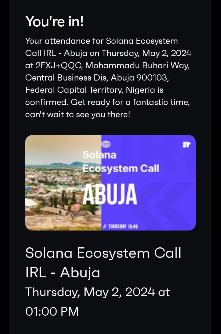 I'm probably excited because this is the first #Web3 IRL event I would be attending.😁 I would be at the @solana Ecosystem call IRL by @SuperteamNG I want to see you there Anon🔥🔥🔥