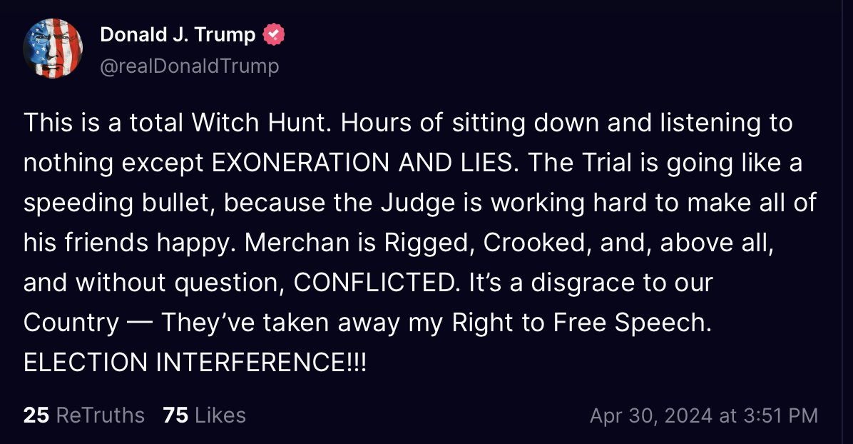 Trump posts a second Truth in court after being fined by Judge Merchan 'Hours of sitting and listening to nothing expect EXONERATION AND LIES'