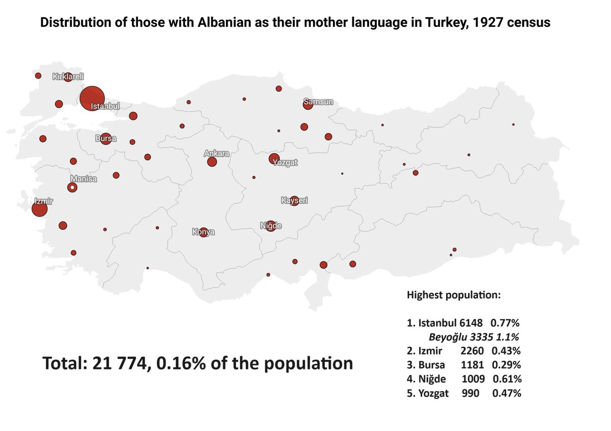 Distribution of the population in Turkey with Albanian as their mother tongue, 1927 census. Over a quarter were residing in Istanbul, and particularly in the Beyoğlu district.