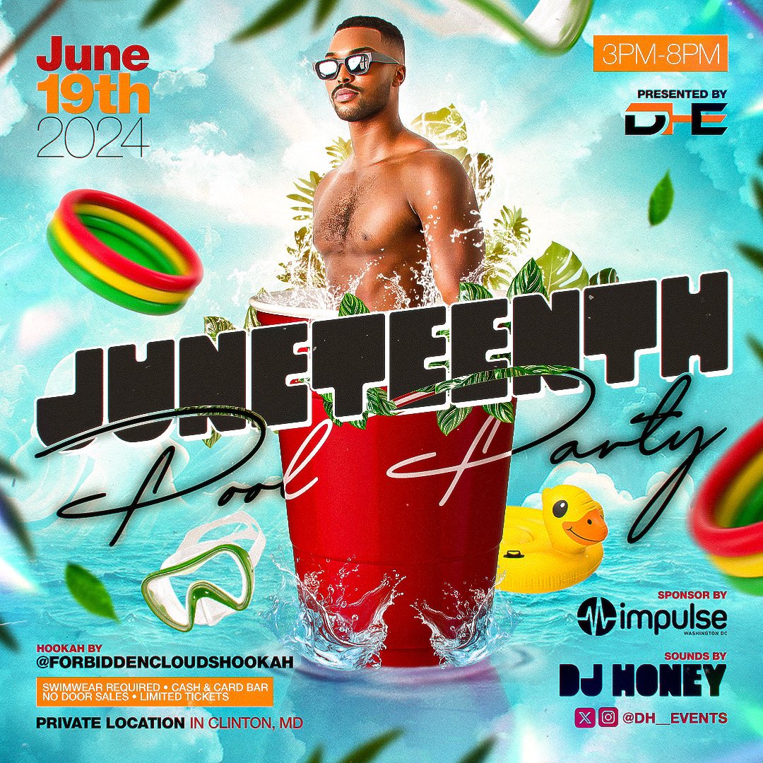 Juneteenth Pool Party: Gays, Girls & Theys! 🗓️ June 19 • 3-8p in📍 Clinton, MD 🎵 Live DJ •🍹 Cash Bar 👙 Swimwear req. 💨 Hookah and so much more 🎟️ posh.vip/e/juneteenth-p… LIMITED TICKETS, NO DOOR SALES! 🏳️‍🌈 Safe Space ✊🏿✊🏽✊🏾 let's celebrate!