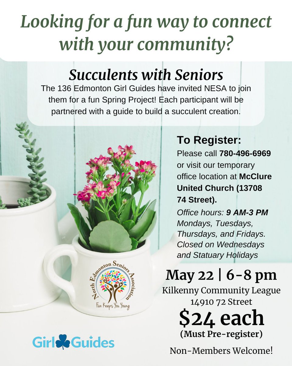 NESA is excited to be hosting an evening Succulents workshop with the Edmonton Girl Guides on Wednesday, May 22/24! Register today by calling 780-496-6969 or online by visiting app.univerusrec.com/nesapub/course… #NESAyeg #EdmontonGirlGuides #Yeg #Joinus #Succulents