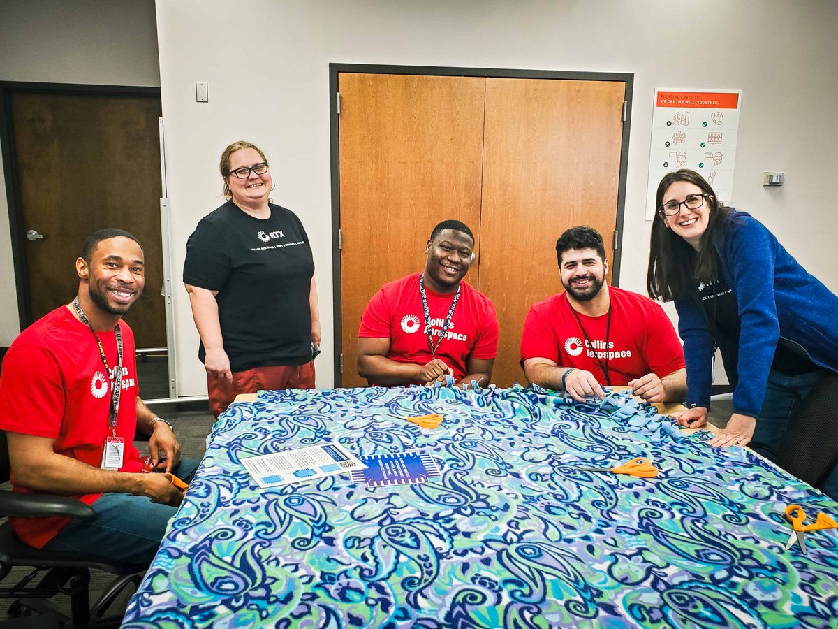 To conclude their Global Month of Service, @CollinsAero volunteers came together to create no-sew fleece-tied blankets in support of the VA (Veteran Affairs). Their blankets will be added to chemo/radiation comfort kits, which contain comfort and care items for veteran patients.