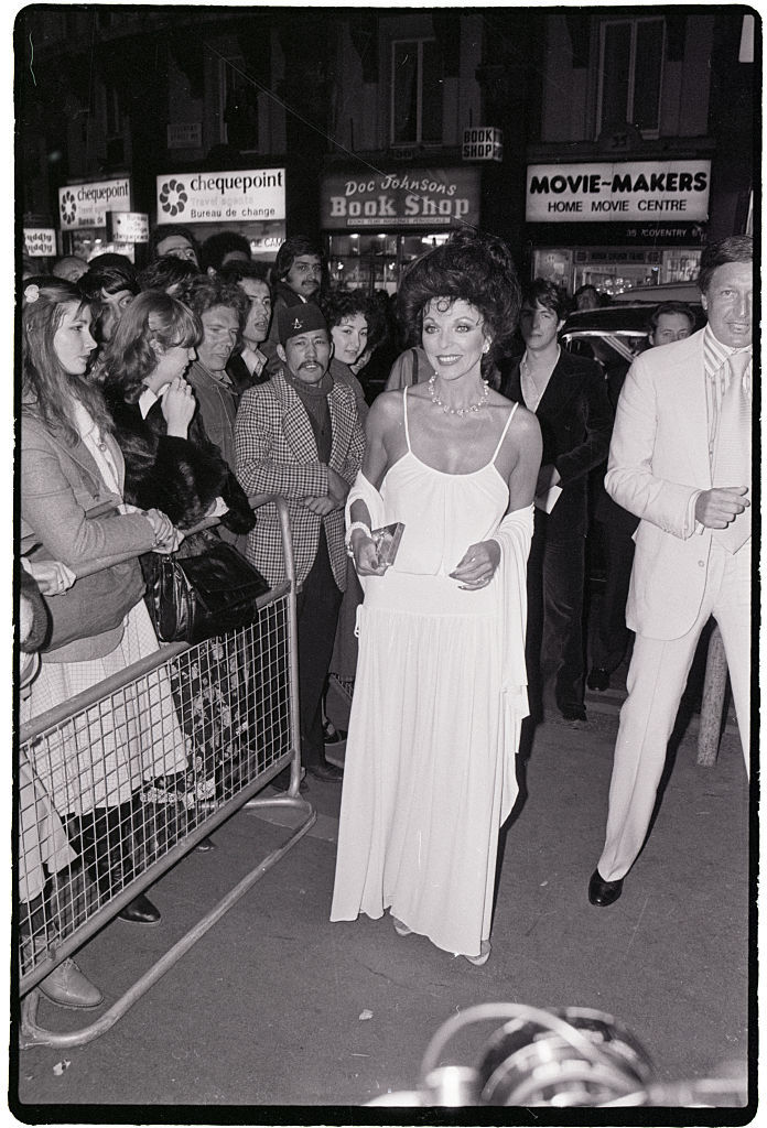 Joan Collins at premiere of THE STUD in April 1978. Based on the book by her sister Jackie Collins, THE STUD was directed by Quentin Masters.