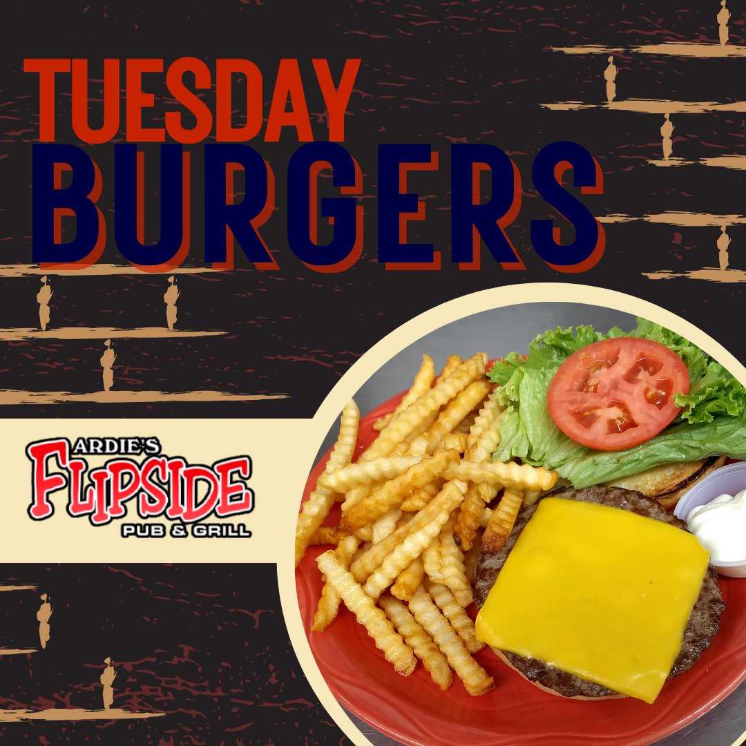 Ardie's Flipside is turning Tuesdays into a burger haven! Join us from 4 to 7:30 pm for Half Price Burgers! 🍔

#TuesdaySpecials #HalfPriceBurgers #SpottedCowDeals #BurgerDiscounts #TastyTuesday #SavingsOnSpottedCow #BurgerNight #DrinkDeals #TuesdayTreats #DiscountDining