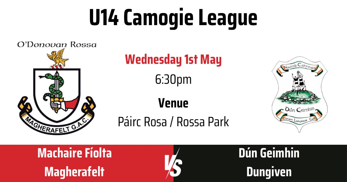 🇦🇹| U14 Camogie League 🆚 Dungiven 🗓️ Wednesday 1st May ⏰ 6:30pm 🏟️ Páirc Rosa / Rossa Park 🏆 U14 Camogie League Come and support the girls. 🇦🇹