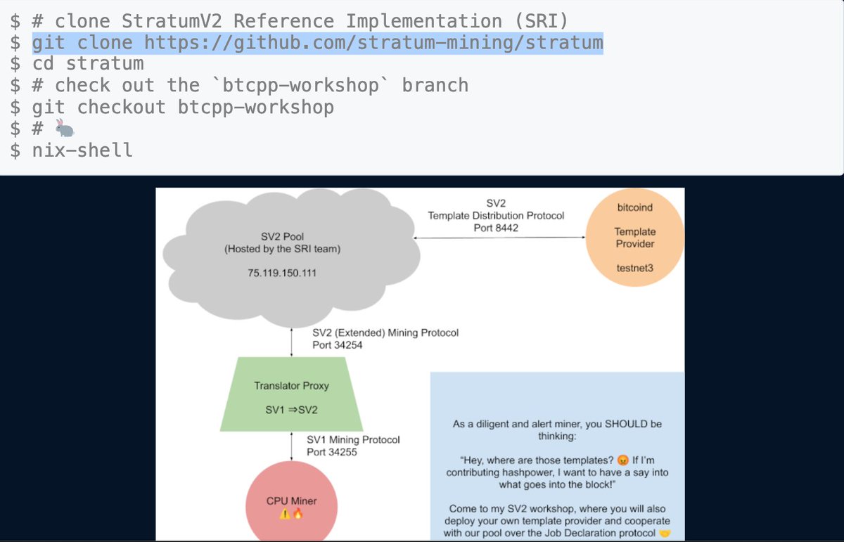 git clone github.com/stratum-mining… cd stratum git checkout btcpp-workshop # @btcplusplus nix-shell # 🐇