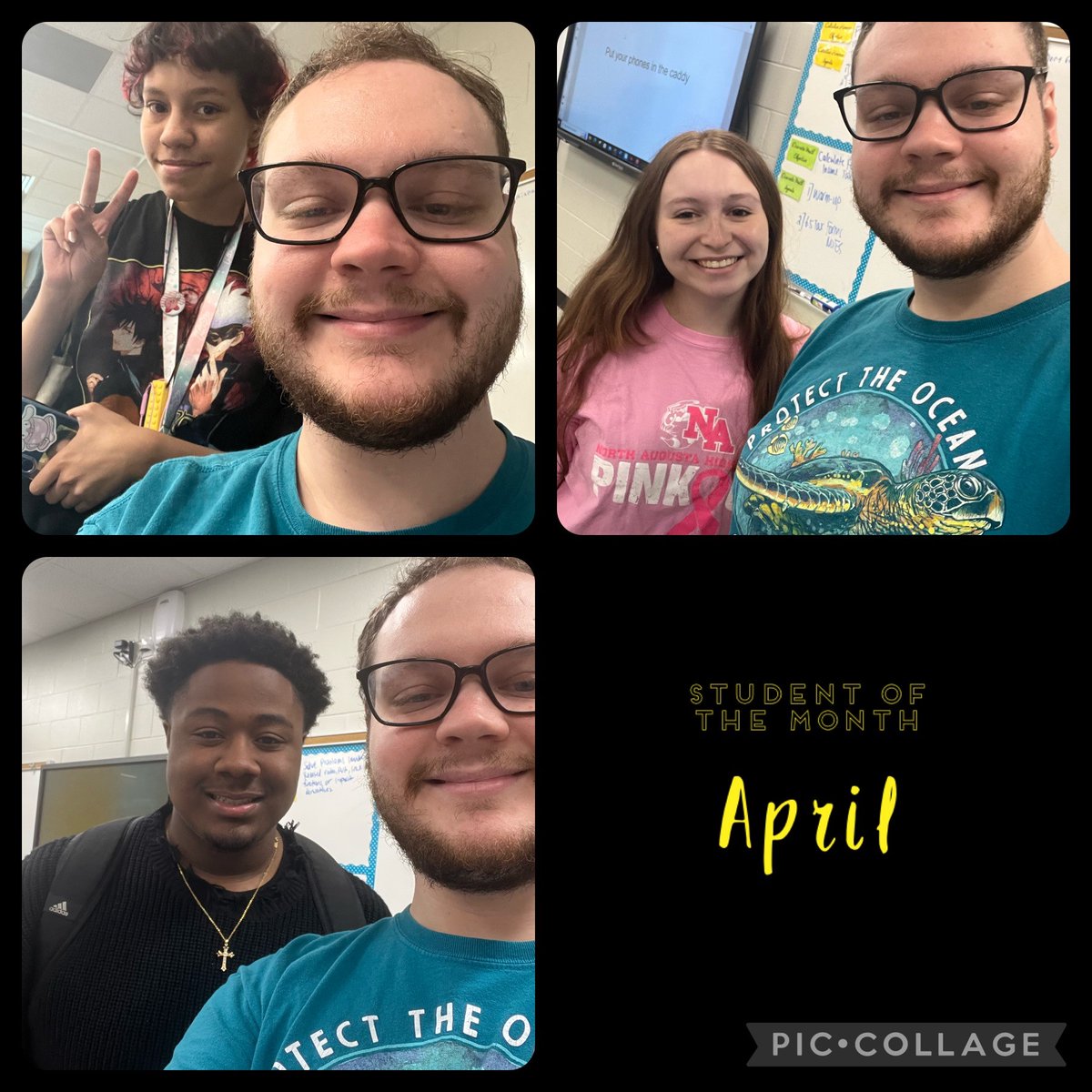 Mr. Ball’s students of the month for April are Rod Collins, Red Sweetwine, and Gigi McNitt. All three of these students work hard each day, and even more importantly, work hard with their groups collaboratively. They are humorous, hard working, and personable students!