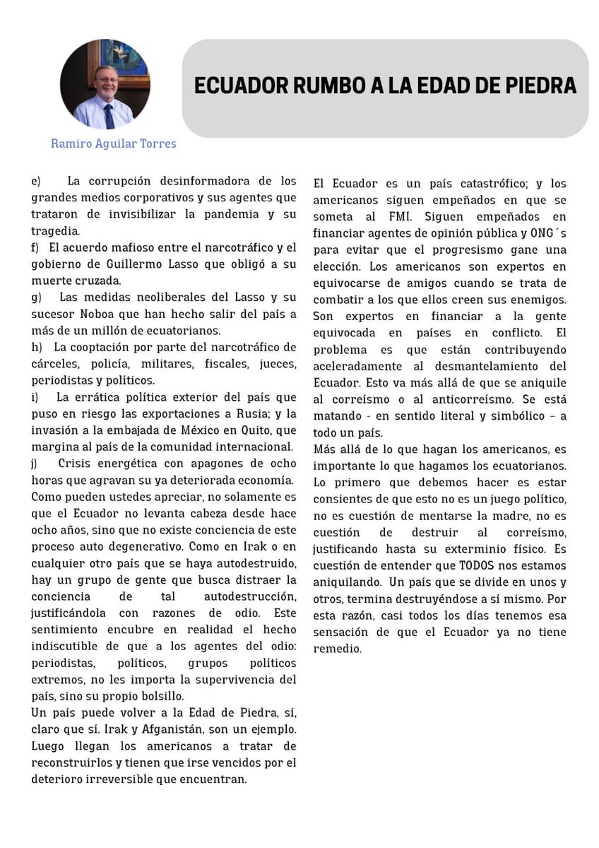 Espero que puedan leer con calma este artículo #Ecuador rumbo a la Edad de Piedra. #URGENTE . Leo sus comentarios