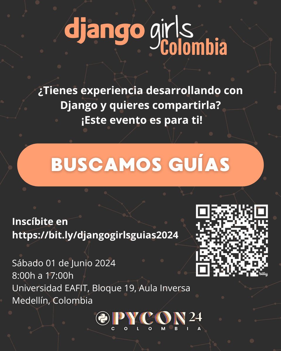 ¡Estamos buscando guías para nuestro evento de Django Girls en PyCon Colombia! 🌟 

Si quieres ser parte de este evento y apoyar a que más mujeres ingresen en el mundo de la tecnología, inscríbete aquí: 

Web del taller: djangogirls.org/en/medellin/