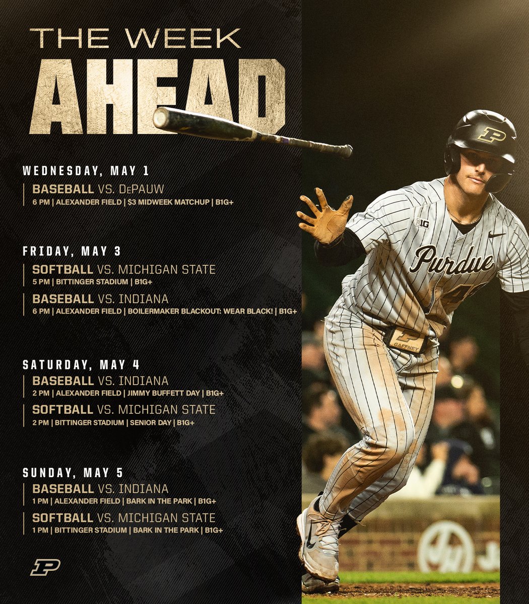 ⚾️ First-place @PurdueBaseball rolls into midweek action with DePauw before hosting the Hoosiers this weekend. 🥎 @PurdueSoftball takes on Sparty to close out the regular season at Bitt. 🌤️ Forecast calls for mid-70s with a chance of bat flips!