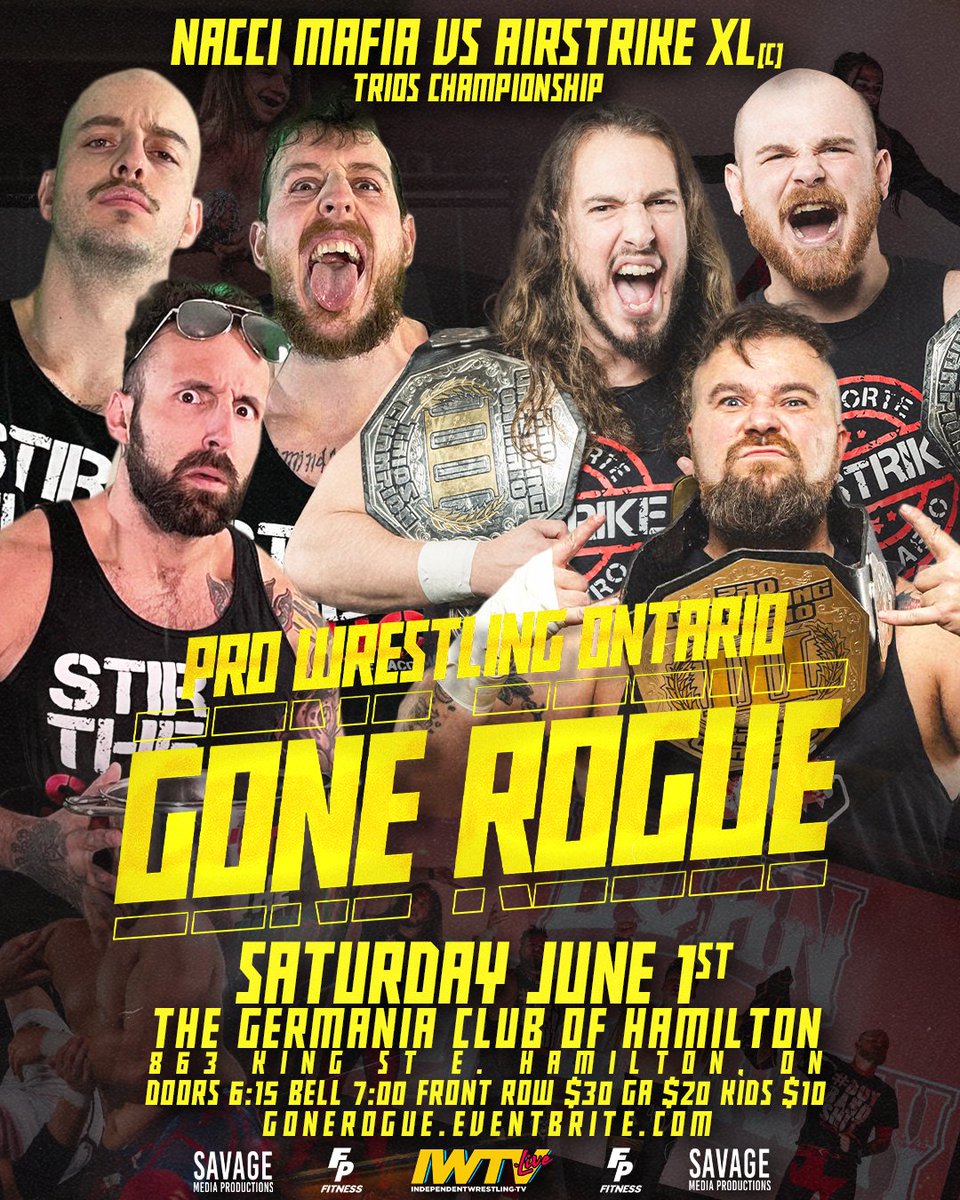 🌐#MATCHANNOUNCEMENT🌐

PWO's Favourite Sons #AirstrikeXL will put their #TriosChampionship on the line against the fan favorites @NacciMafia Saturday June 1st at #GONEROGUE

Who will walk out as champions?
Secure your tickets to find out!

Tickets
gonerogue.eventbrite.com