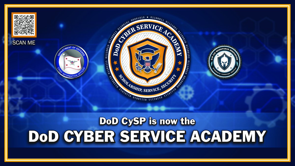 The DoD Cyber Service Academy (DoD CSA) has merged with the DoD Cyber Scholarship Program!
This merger allows the DoD CIO to streamline its programs and processes as well as maximize the scholarship dollars available to applicants. For more info go to:  https://t.co/YdkJ5IXhIK https://t.co/nJaltwdLKV