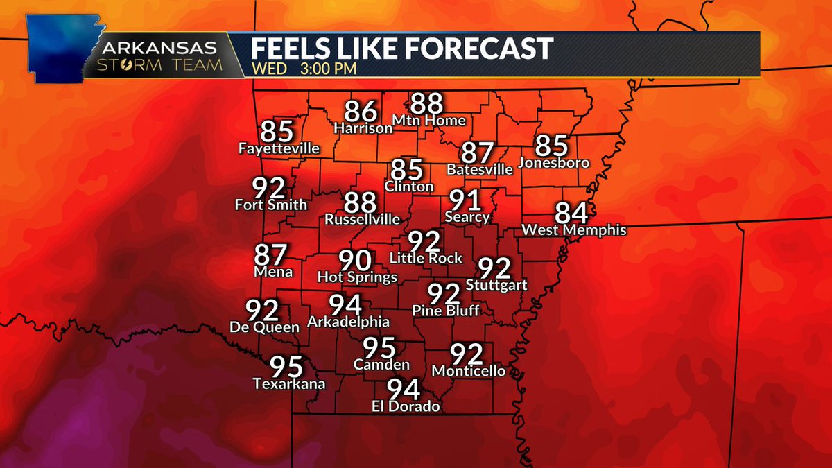 Potential heat index temperatures next Wednesday, May 8th. #ARWX #ARStormTeam