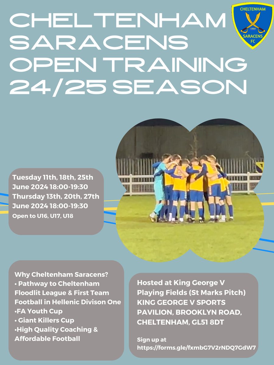 ⚽️Youth Team Announcement⚽️ We are happy to announce dates, times and venue for season 24/25 open training sessions for Cheltenham Saracens Youth Team. Register here!!- forms.gle/RGrYQimTHj5S6X… #youthfootball #upthesarries #development #pathway