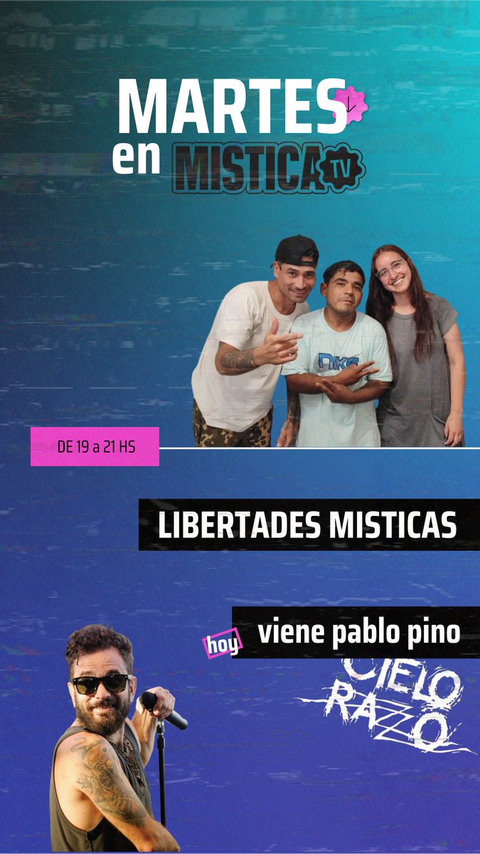 MISTICA TV (@misticatv_) on Twitter photo Hoooooy en los estudios de MTV: Pablo Pino, de <a href="/Cielo_Razzo/">Cielo Razzo</a> en Libertades Místicas.
La previa del feriado es acá, en el mejor canal de stream de la Argentina, o al menos de la parte que todavía no vendieron. Hoooooy en los estudios de MTV: Pablo Pino, de <a href="/Cielo_Razzo/">Cielo Razzo</a> en Libertades Místicas.
La previa del feriado es acá, en el mejor canal de stream de la Argentina, o al menos de la parte que todavía no vendieron.