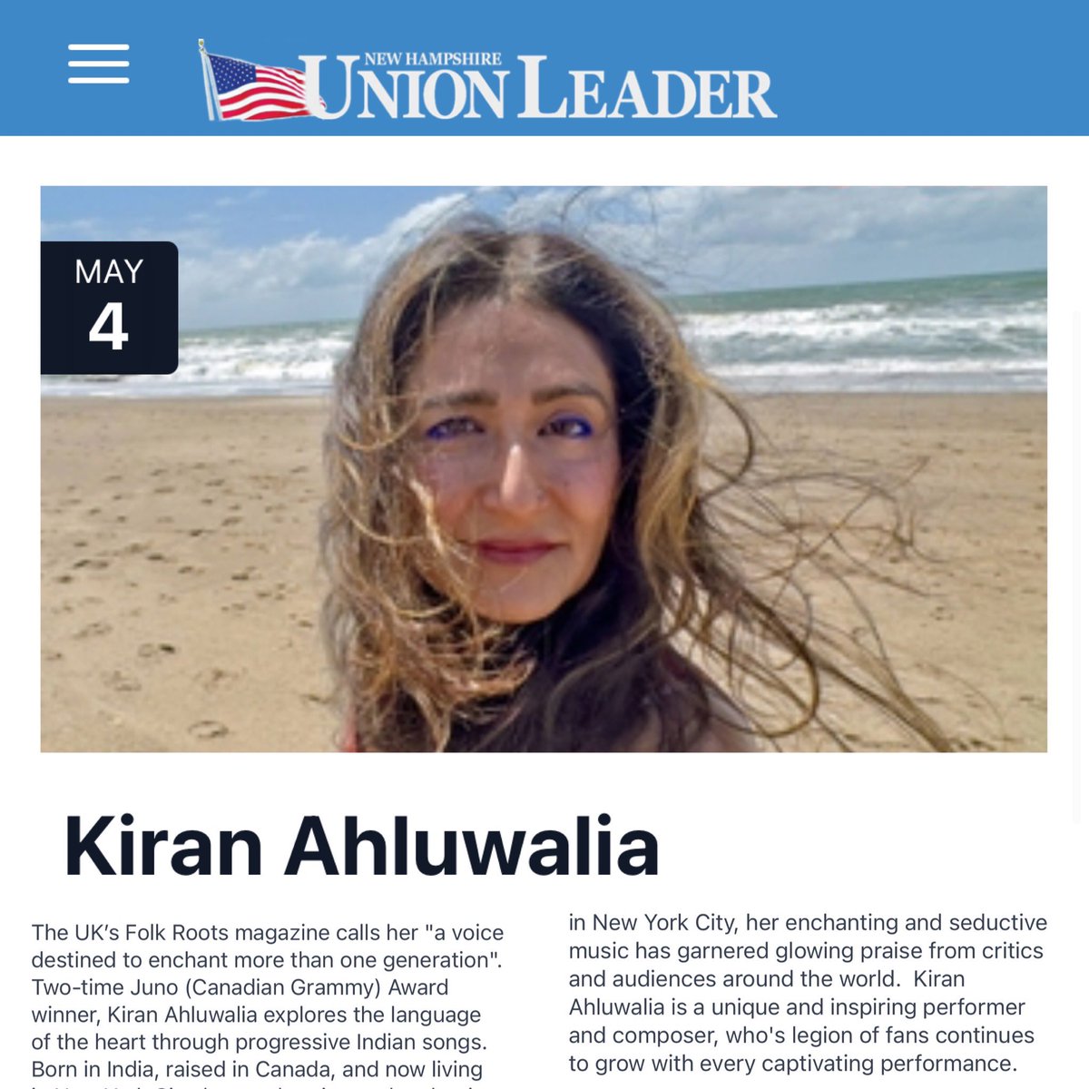 Thanks to @UnionLeader for featuring Kiran Ahluwali’s 5/4 concert in at Lexington’s @masonmuseum — the kickoff to her US tour supporting her new album Comfort Food! 🎟️ Tix + Tour Dates: kiranmusic.com/concerts 💿 New Album: kiranahluwalia1.bandcamp.com @lexcommunityed