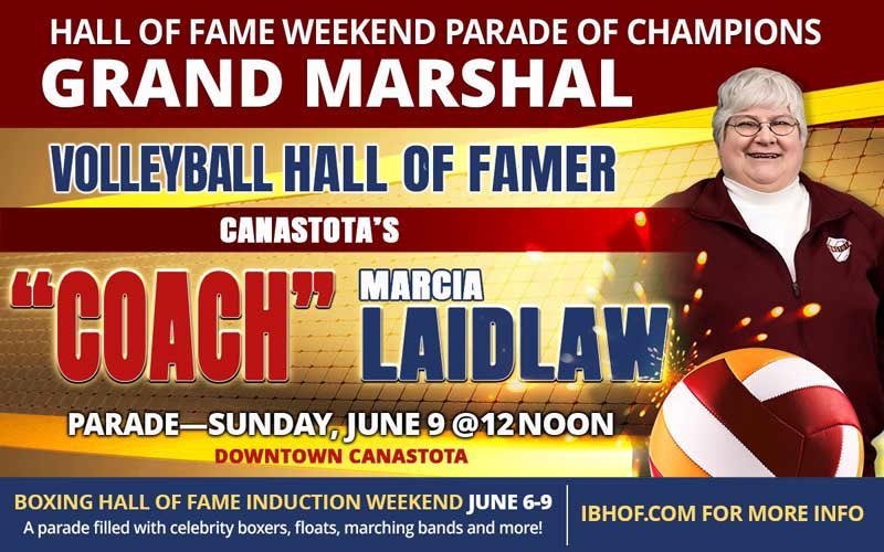 The BHOF announced today that longtime Canastota volleyball coach and HOFer “Coach” Marcia Laidlaw has been named Grand Marshal of the 2024 BHOF Parade of Champions scheduled for Sunday, June 9 at 12 noon. Event details on the HOF’s website here: ibhof.com/pages/inductio… 🏐🥊