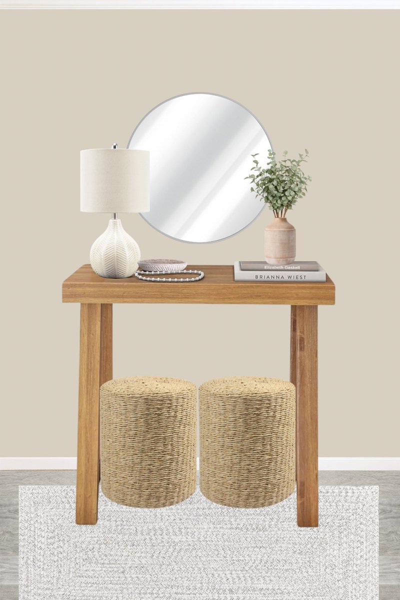 Minimalist entryway design with a wood entryway table and round mirror. liketk.it/4EX95