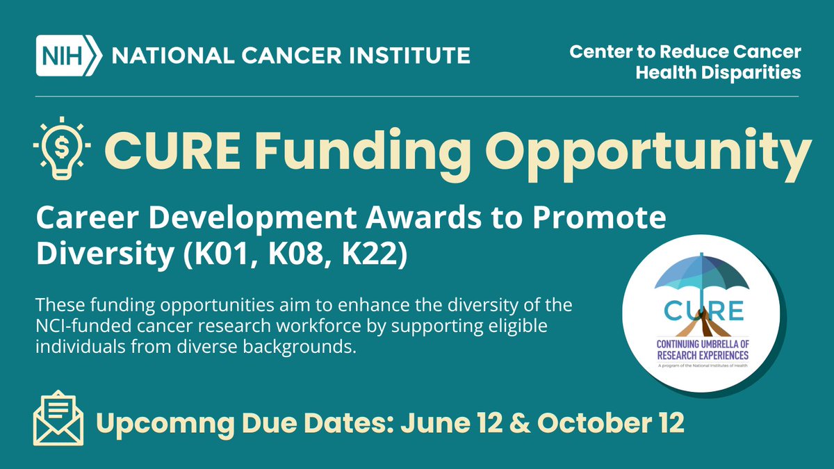 If you’re a postdoc looking for mentored research career development opportunities, check out CRCHD’s CURE K01 #FundingOpportunity! It offers 3-5 years of salary support, guidance from experienced mentors, & more. The next due date is 6/12. cancer.gov/about-nci/orga…