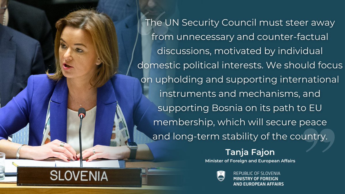 Minister @tfajon 🇸🇮 on #UNSC briefing on the situation in #BiH 🇧🇦: 'Our friendship and support for Bosnia and Herzegovina leaves us disappointed to see the country continuously utilised for geopolitical agendas.' #BuildingTrust #SecuringFuture