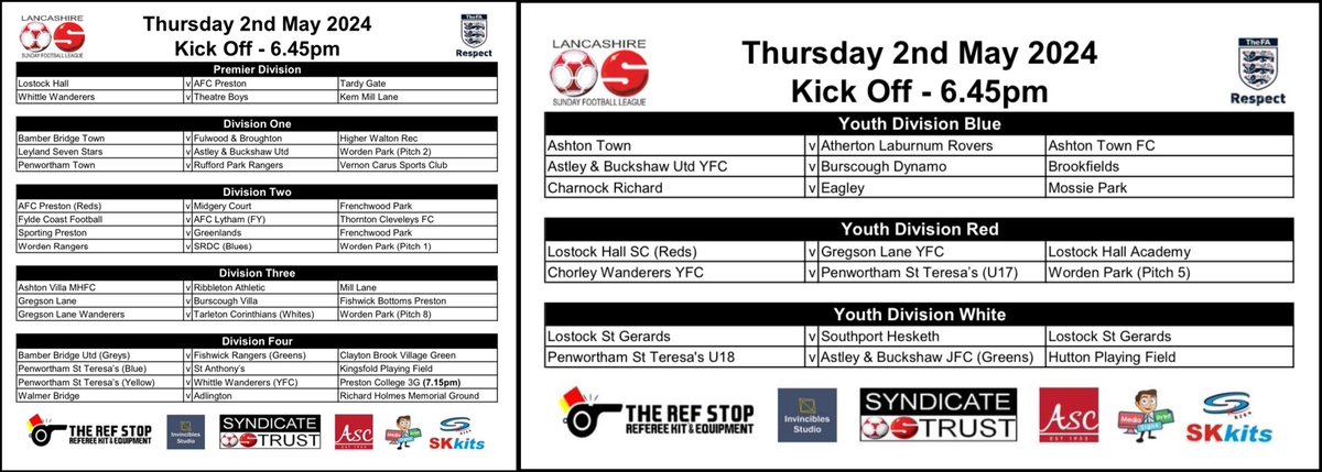 Here are the Open Age & Youth Section fixtures for Thursday 2nd May 2024.