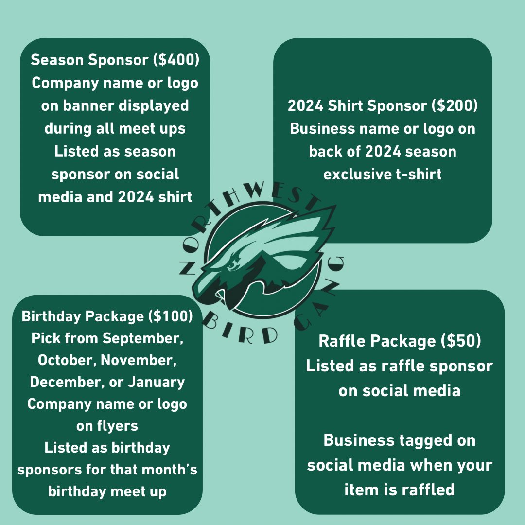 Our team might be out of state but we live local! That’s why sponsoring the #northwestbirdgang makes sense for your business. We are taking sponsors for the 2024 season, email northwestbirdgang@gmail.com to advertise with us!

#flyeaglesfly #tacomawa #washington #eaglesfans