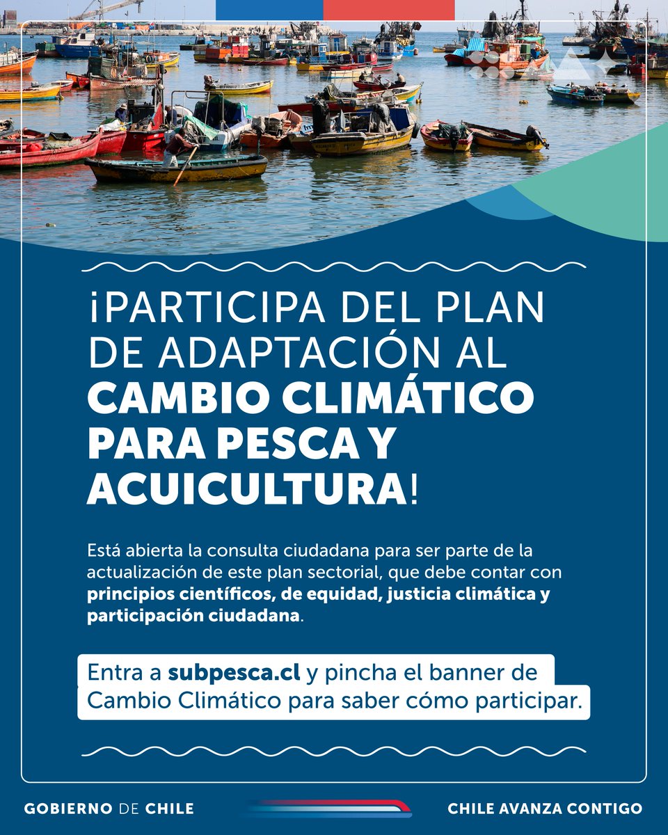 🌊 ¡Sé parte de la actualización del Plan de Adaptación al Cambio Climático para Pesca y Acuicultura! 🌎 Entra a subpesca.cl/portal/617/w3-…, completa el formulario y participa de este importante proceso.