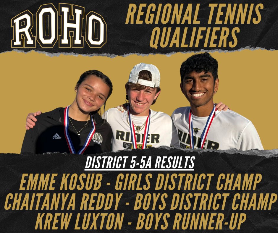 🎾🏆 Congrats to the Rider tennis team on their performance at the 5-5A tournament! 🏆🎾 District Champs: 🥇 Emme Kosub - Girls 🥇 Chaitanya Reddy - Boys District Runner-Up: 🥈 Krew Luxton - Boys They all advance to regionals!!!! #teamWFISD #tellyourWFISDstory #goROHO